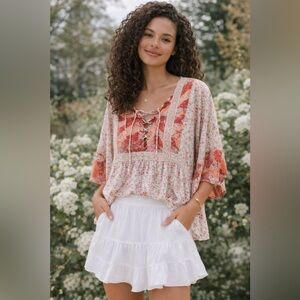 American Eagle Outfitters Lace-Up Floral Boho Top - Pink/Cream